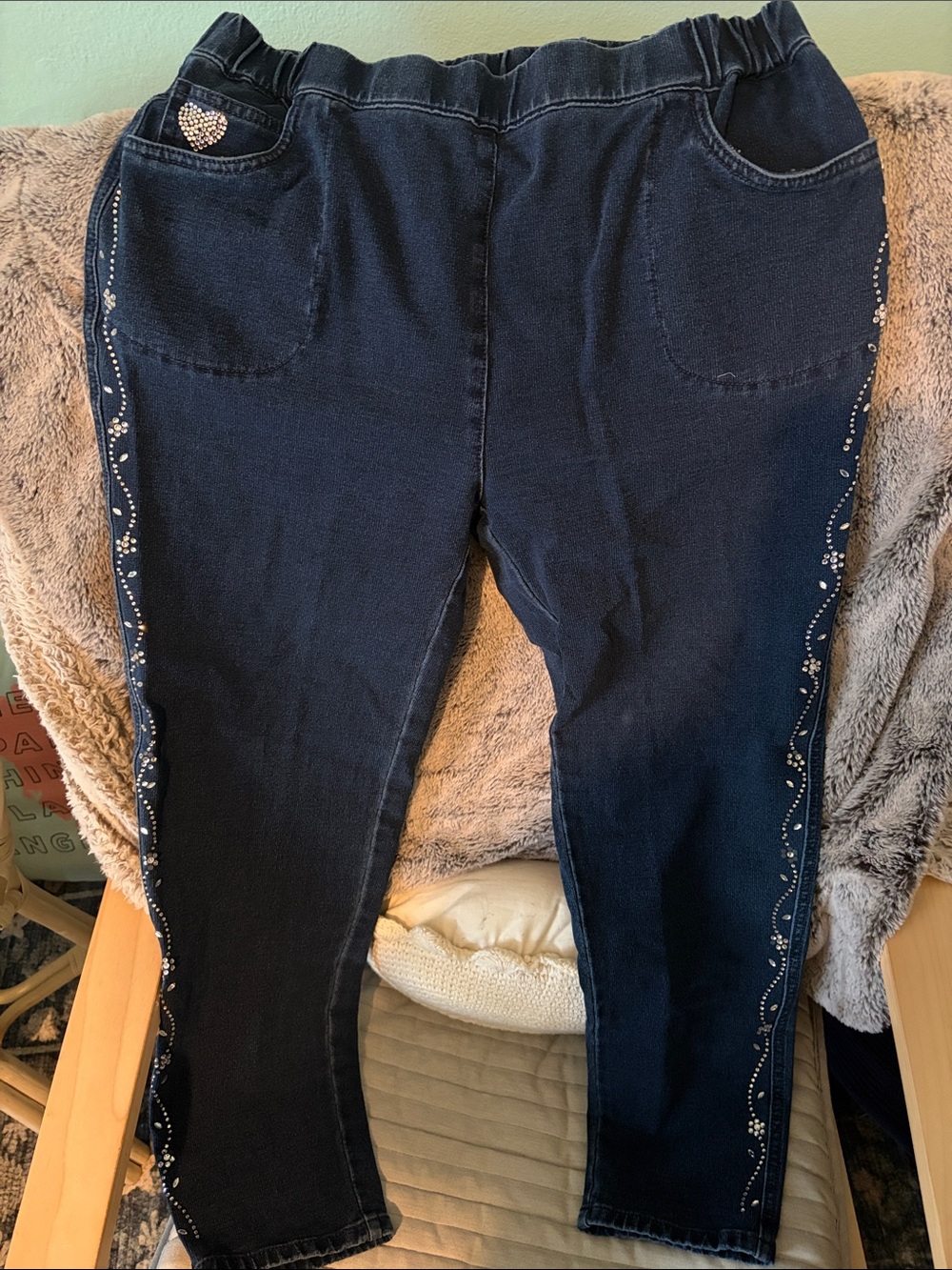 Quacker Factory Dream Jeannes Navy Pull-On Jeggings with Rhinestone Trim